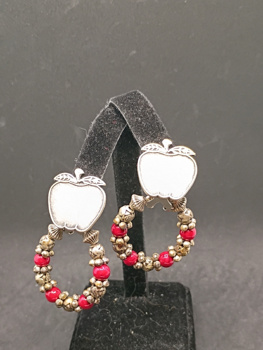Bronze Tone Apple Hoop Earrings with Red Beads